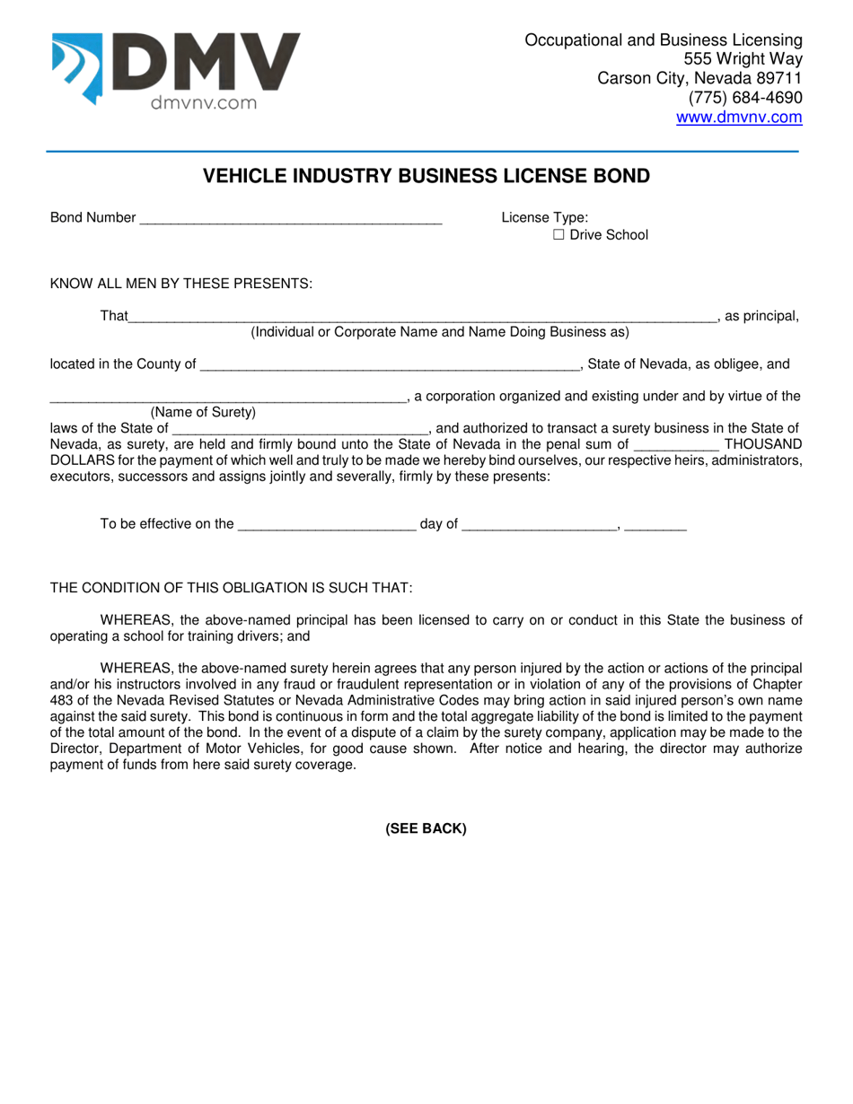 Form OBL277 Vehicle Industry Business License Bond - Nevada, Page 1