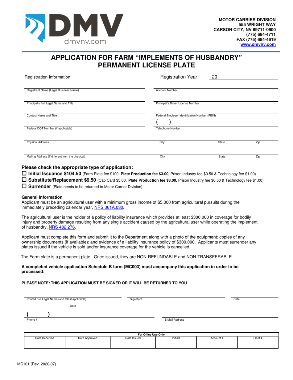 Form MC101 Application for Farm implements of Husbandry Permanent License Plate - Nevada, Page 1