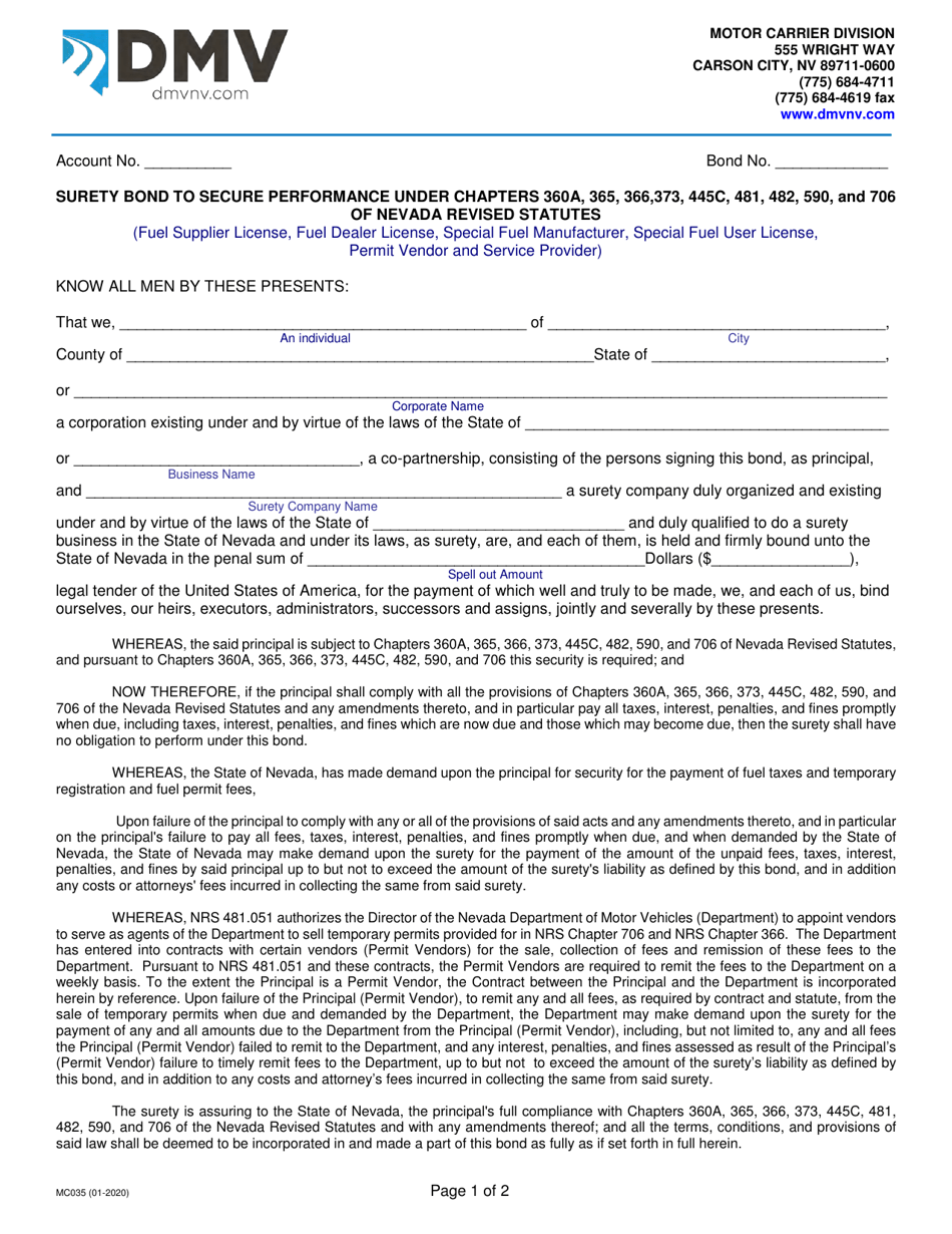 Form MC035 Surety Bond to Secure Performance Under Nrs Chapters 360a, 365, 366, 482, 590  706 - Nevada, Page 1