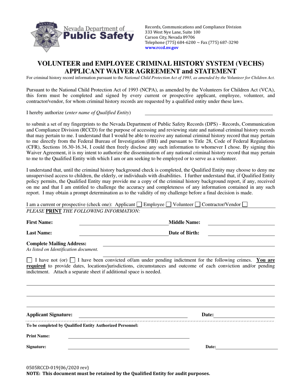 Form 0505RCCD-019 Volunteer and Employee Criminal History System (Vechs) Applicant Waiver Agreement and Statement - Nevada, Page 1
