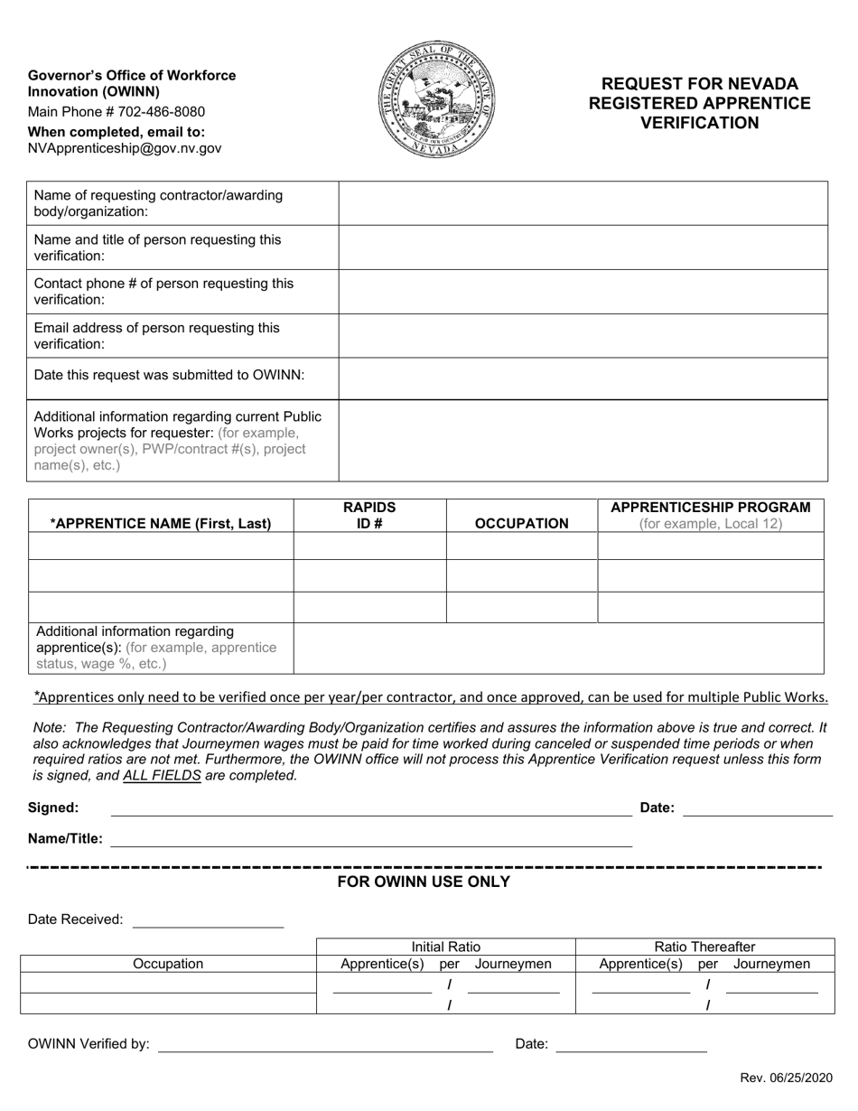 Request for Nevada Registered Apprentice Verification - Nevada, Page 1