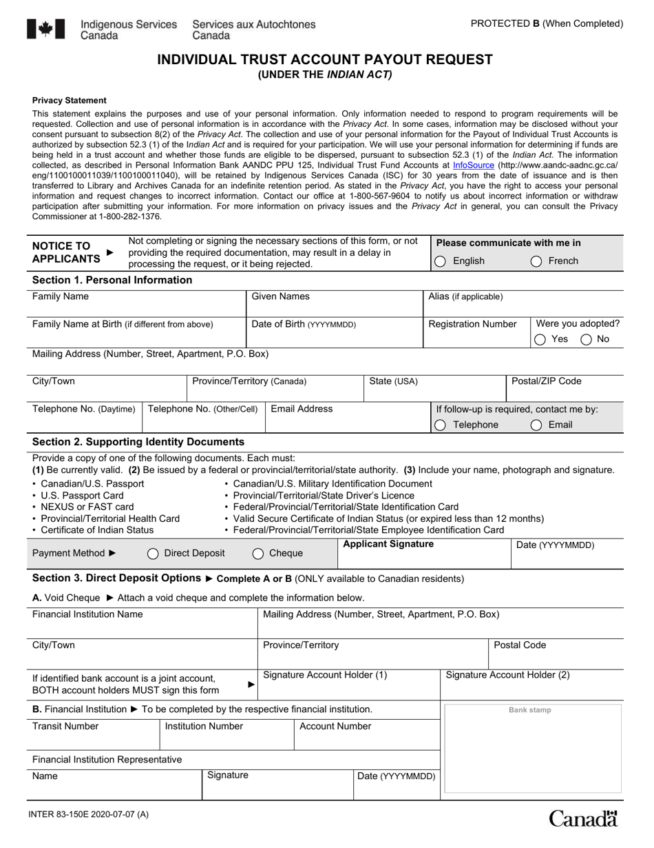 Form INTER83-150 Individual Trust Account Payout Request - Canada, Page 1