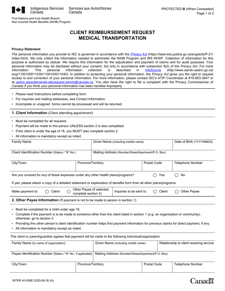 Form INTER40-008 Client Reimbursement Request - Medical Transportation - Canada, Page 1