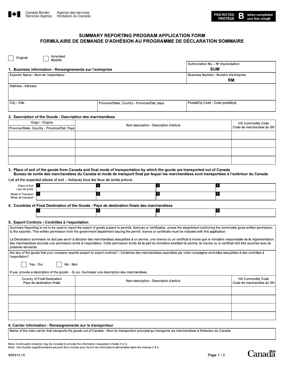 Form BSF613 Summary Reporting Program Application Form - Canada (English / French), Page 1