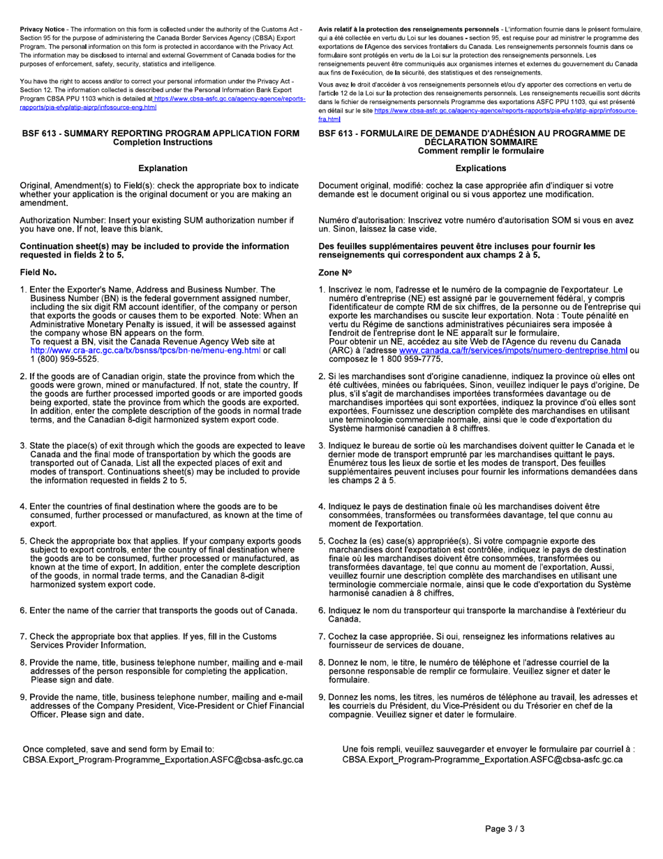 Form BSF613 Summary Reporting Program Application Form - Canada (English / French), Page 3