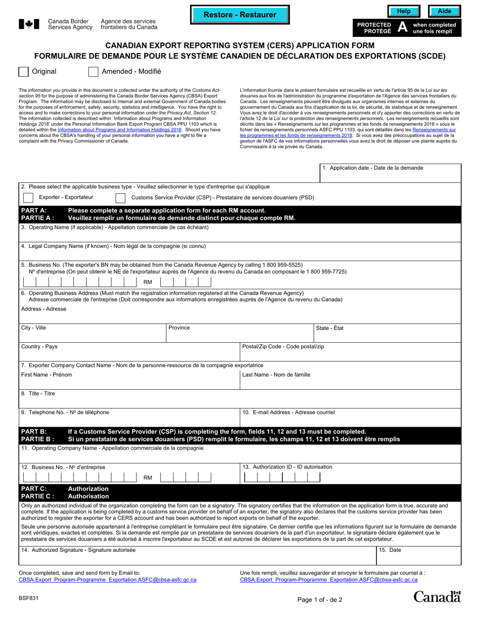 Form BSF831 Canadian Export Reporting System (Cers) Application Form - Canada (English / French), Page 1