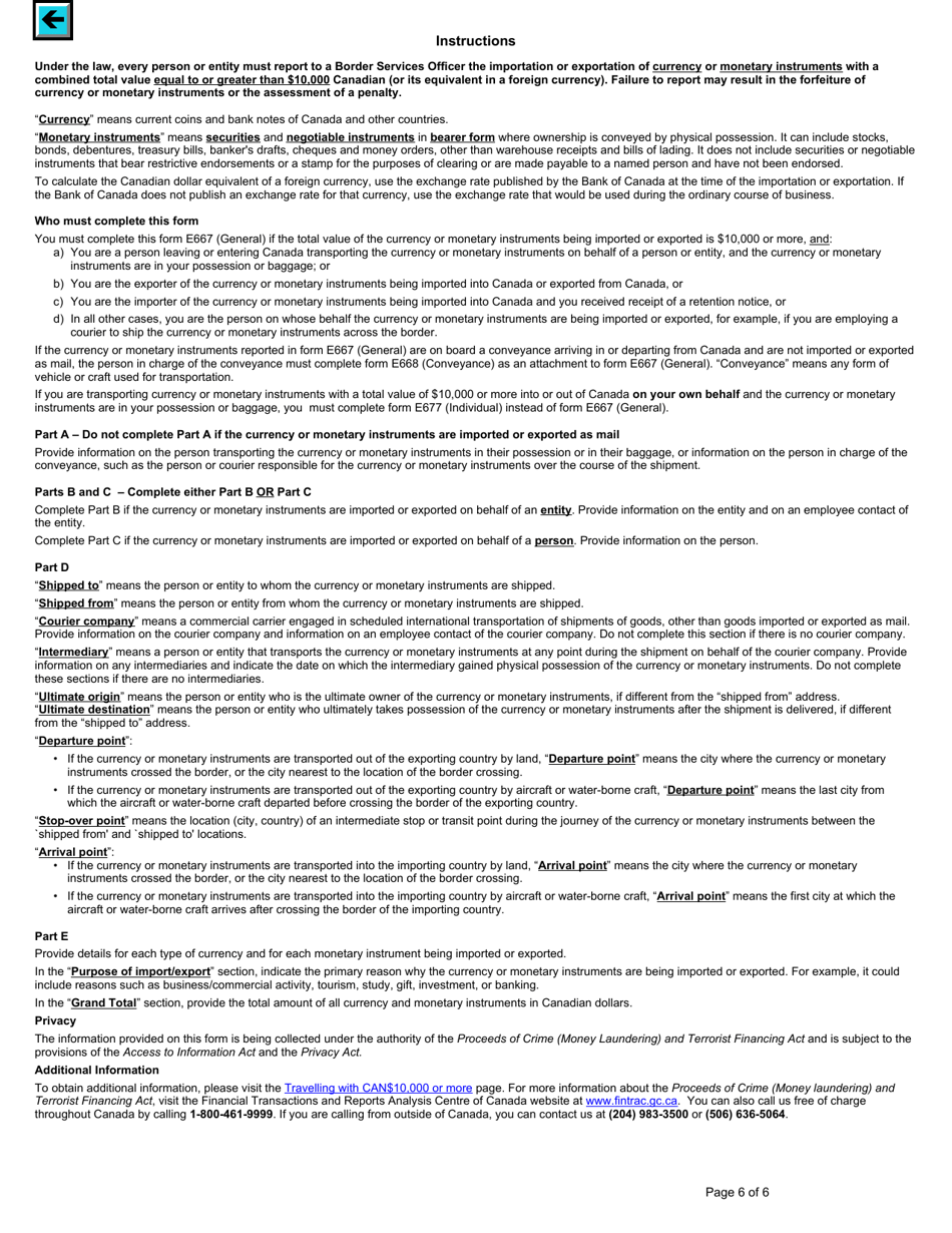 Form E667 Cross-border Currency or Monetary Instruments Report - General - Canada, Page 6
