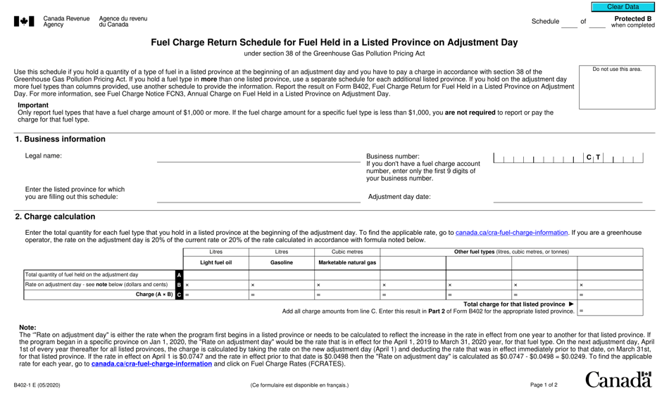 Form B402-1 Fuel Charge Return Schedule for Fuel Held in a Listed Province on Adjustment Day Under Section 38 of the Greenhouse Gas Pollution Pricing Act - Canada, Page 1
