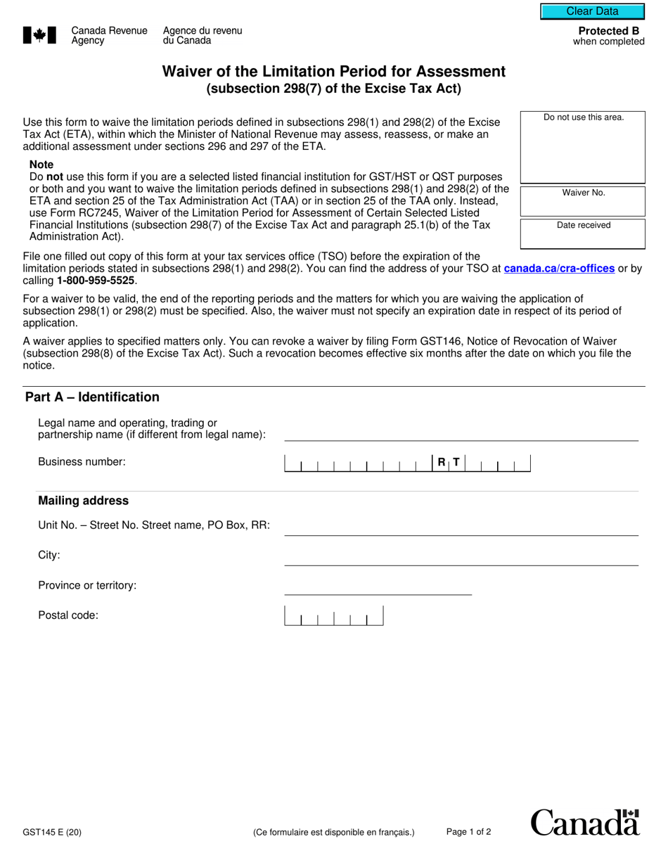 Form GST145 Waiver of the Limitation Period for Assessment - Canada, Page 1