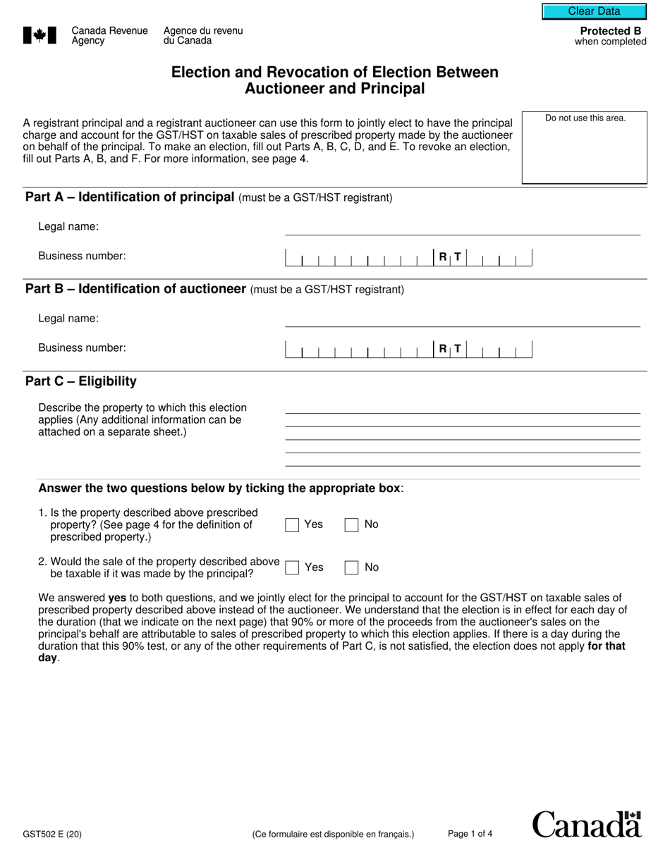 Form GST502 Election and Revocation of Election Between Auctioneer and Principal - Canada, Page 1