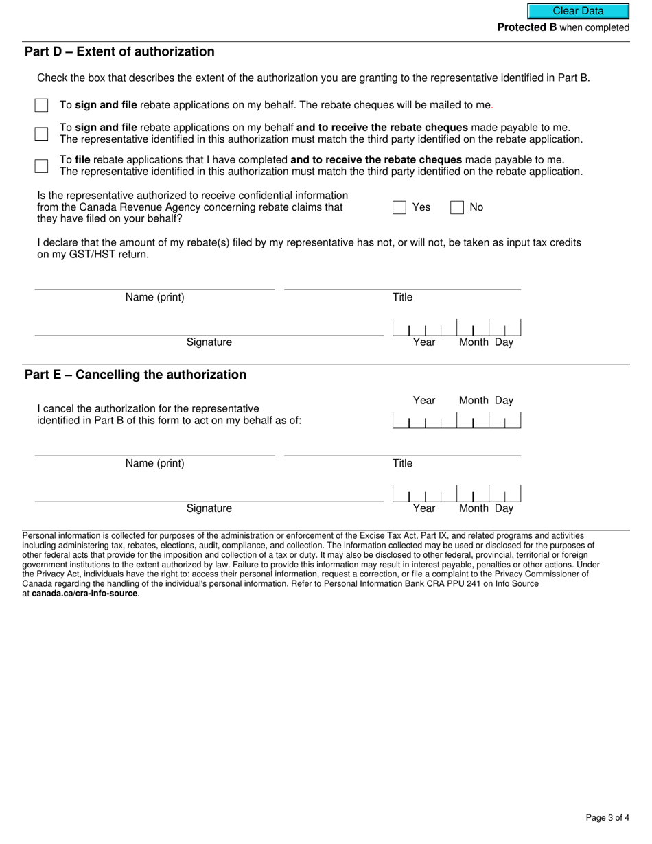 Form GST507 Third-Party Authorization and Cancellation of Authorization for Gst / Hst Rebates - Canada, Page 3