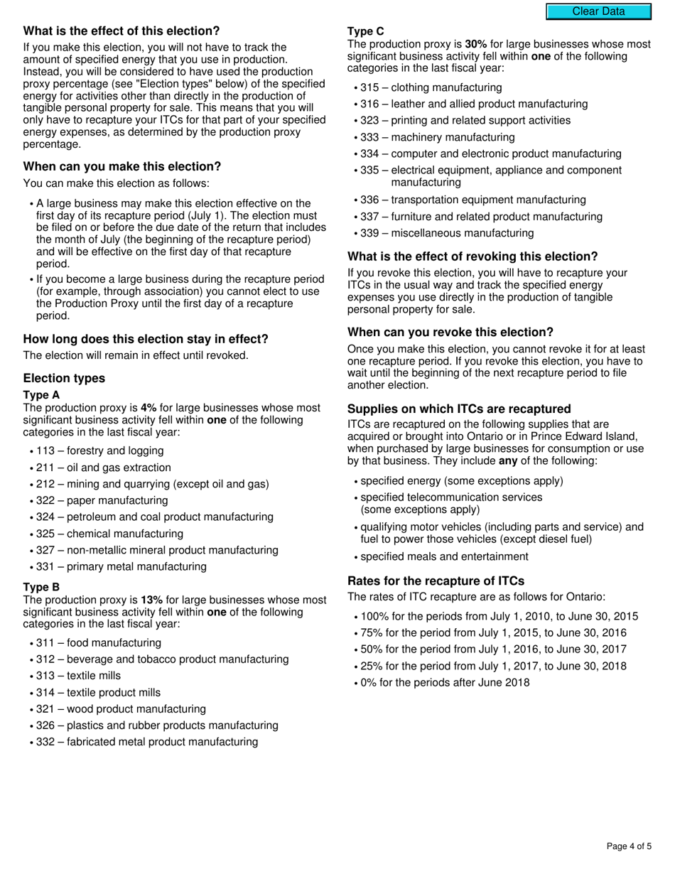Form RC4530 Election or Revocation of an Election to Use a Production Proxy to Report the Recapture of Input Tax Credits - Canada, Page 4