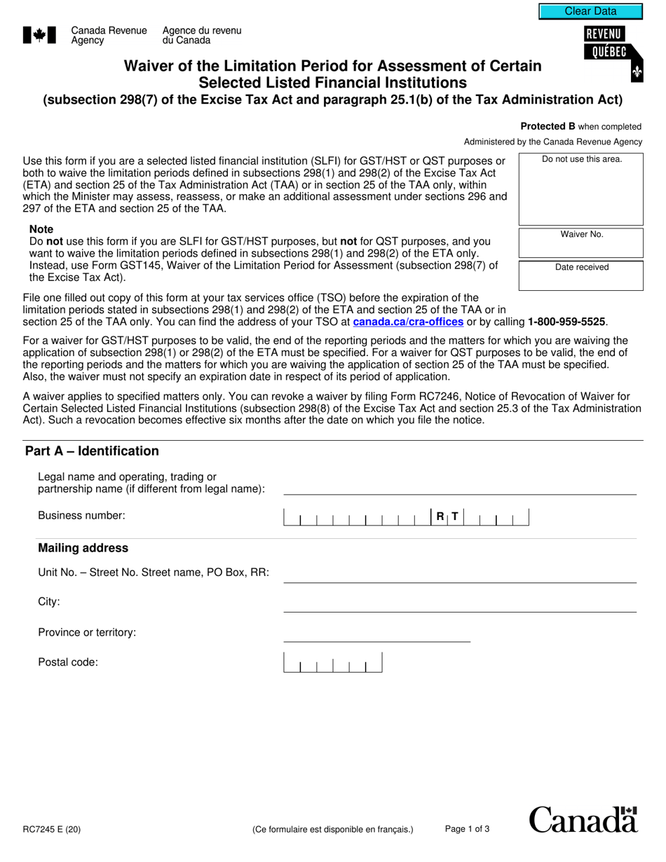 Form RC7245 Waiver of the Limitation Period for Assessment of Certain Selected Listed Financial Institutions (Subsection 298(7) of the Excise Tax Act and Paragraph 25.1(B) of the Tax Administration Act) - Canada, Page 1