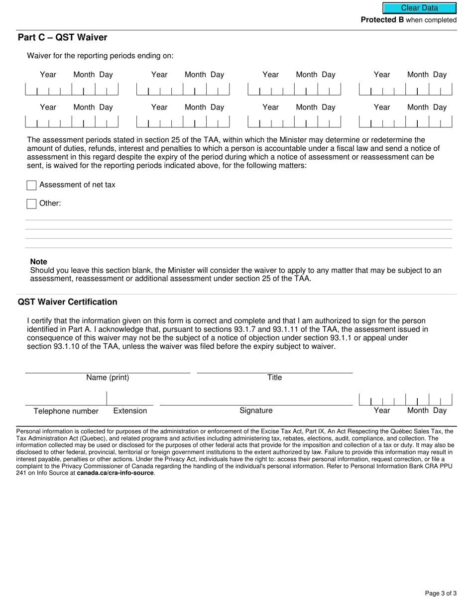 Form RC7245 Waiver of the Limitation Period for Assessment of Certain Selected Listed Financial Institutions (Subsection 298(7) of the Excise Tax Act and Paragraph 25.1(B) of the Tax Administration Act) - Canada, Page 3