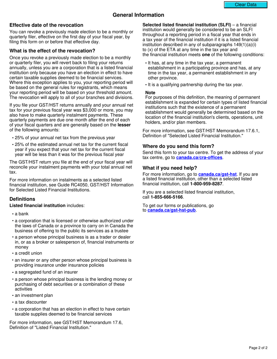 Form GST20-1 Notice of Revocation of an Election for Gst / Hst Reporting Period by a Listed Financial Institution - Canada, Page 2