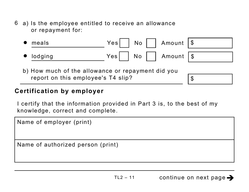 Form TL2 Claim for Meals and Lodging Expenses - Large Print - Canada, Page 11