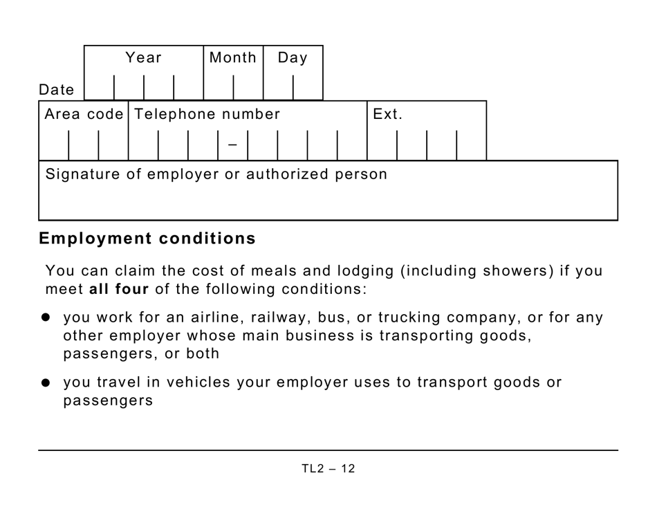 Form TL2 Claim for Meals and Lodging Expenses - Large Print - Canada, Page 12