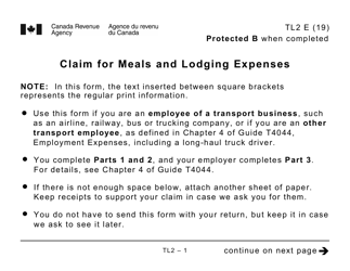 Form TL2 Claim for Meals and Lodging Expenses - Large Print - Canada