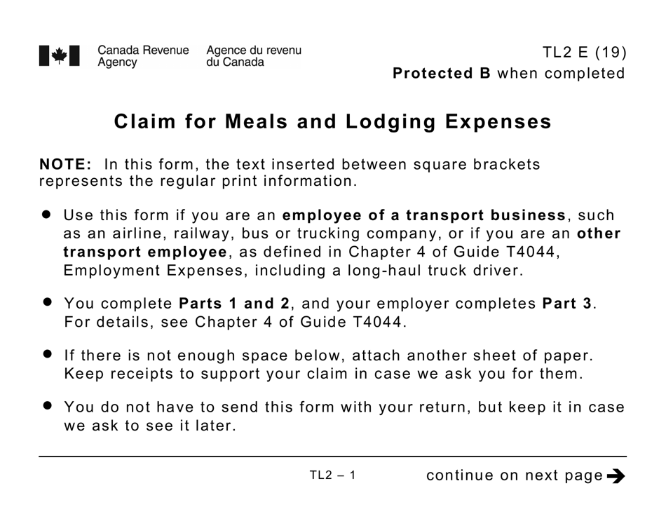 Form TL2 Claim for Meals and Lodging Expenses - Large Print - Canada, Page 1