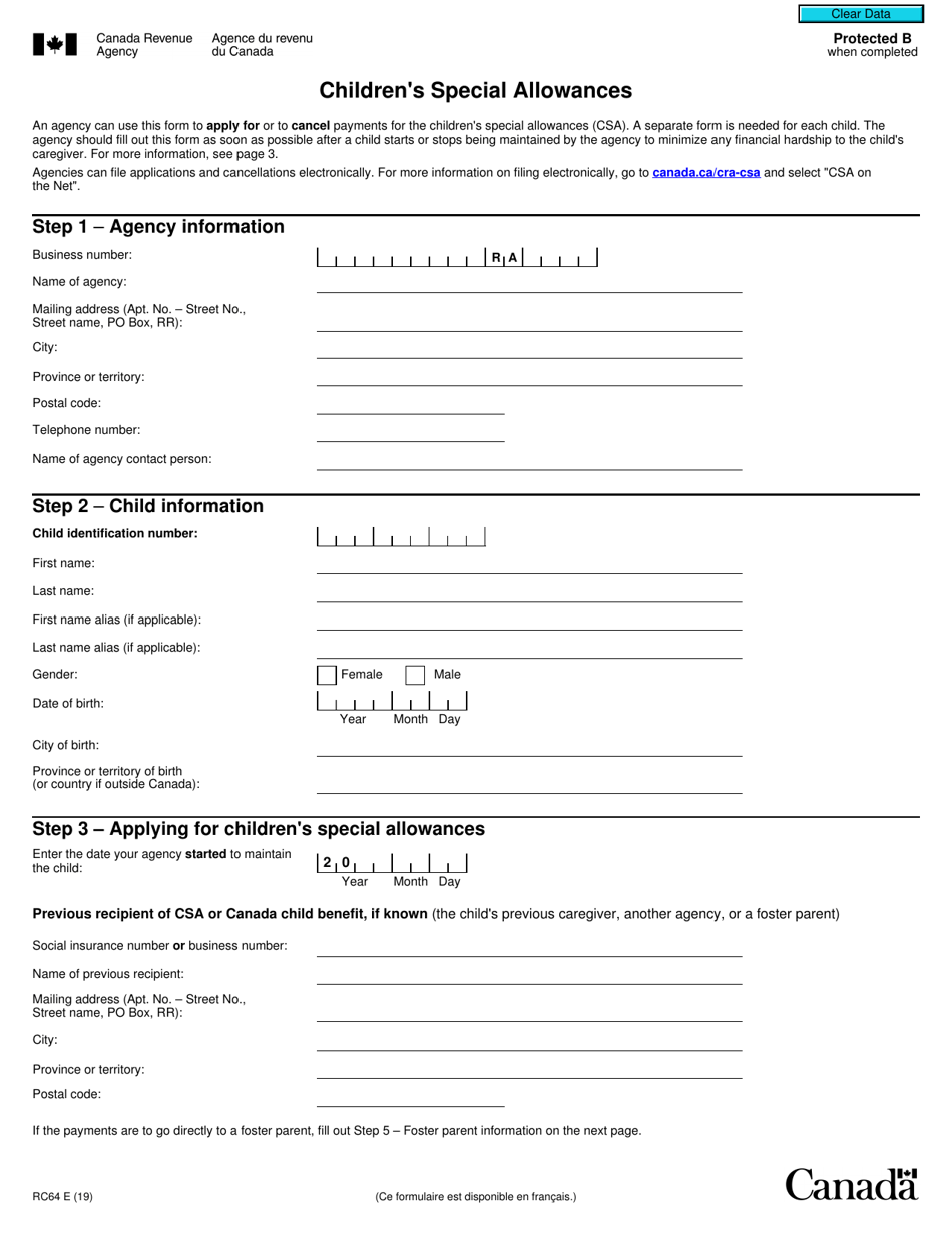 Form RC64 Childrens Special Allowances - Canada, Page 1