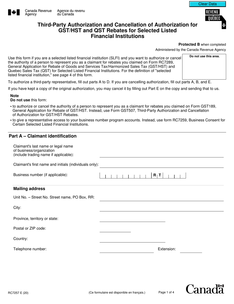 Form RC7257 Third Party Authorization and Cancellation of Authorization for Gst / Hst and Qst Rebates for Selected Listed Financial Institutions - Canada, Page 1