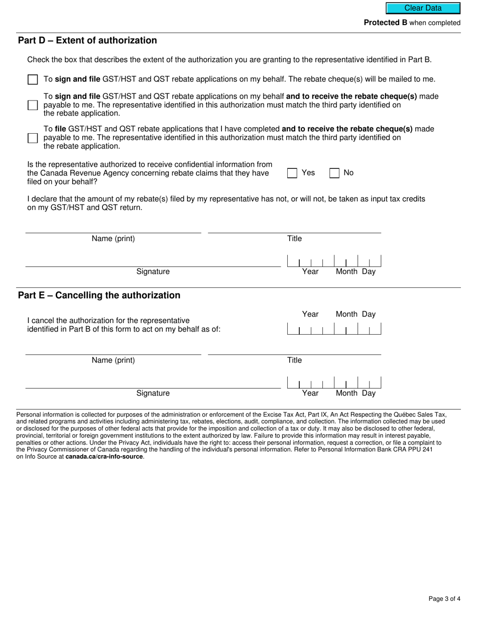 Form RC7257 Third Party Authorization and Cancellation of Authorization for Gst / Hst and Qst Rebates for Selected Listed Financial Institutions - Canada, Page 3