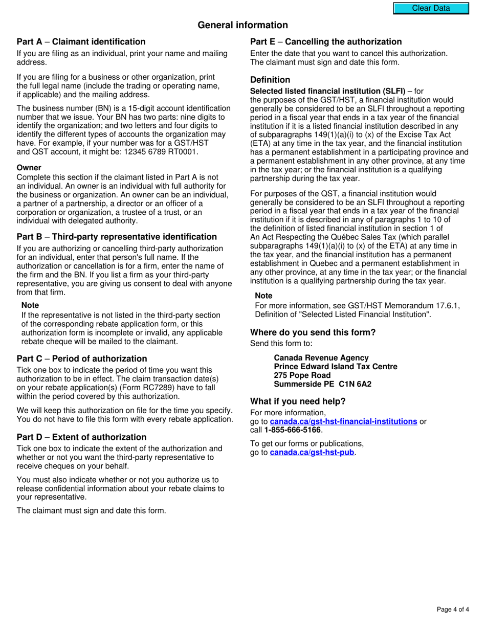 Form RC7257 Third Party Authorization and Cancellation of Authorization for Gst / Hst and Qst Rebates for Selected Listed Financial Institutions - Canada, Page 4