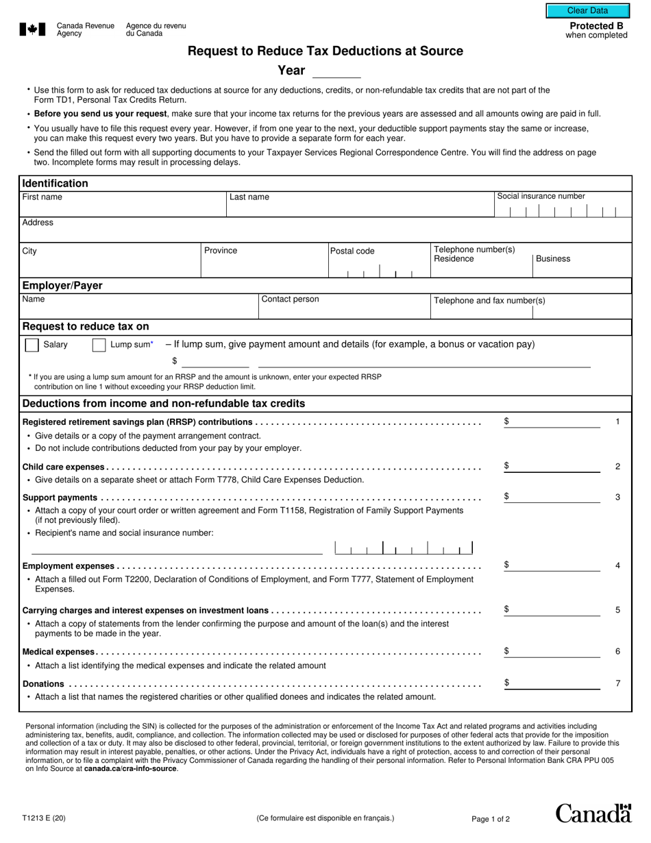 Form T1213 Download Fillable PDF or Fill Online Request to Reduce Tax ...