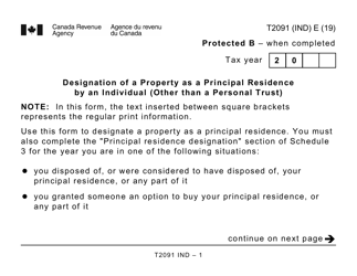 Document preview: Form T2091 IND Designation of a Property as a Principal Residence by an Individual (Other Than a Personal Trust) (Large Print) - Canada
