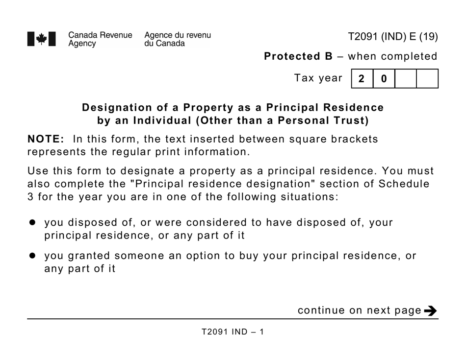 Form T2091 IND Designation of a Property as a Principal Residence by an Individual (Other Than a Personal Trust) (Large Print) - Canada, Page 1