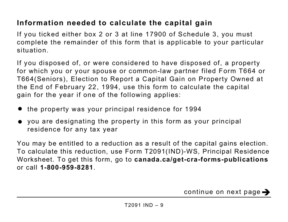 Form T2091 IND Designation of a Property as a Principal Residence by an Individual (Other Than a Personal Trust) (Large Print) - Canada, Page 9
