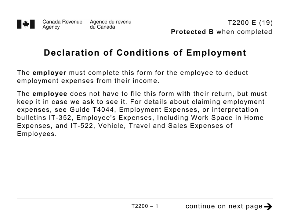 Form T2200 Declaration of Conditions of Employment - Large Print - Canada, Page 1