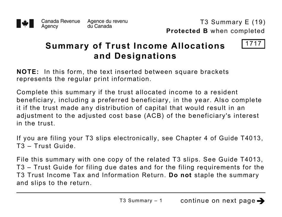 Form T3SUM Summary of Trust Income Allocations and Designations - Large Print - Canada, Page 1
