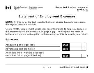 Document preview: Form T777 Statement of Employment Expenses (Large Print) - Canada, 2019