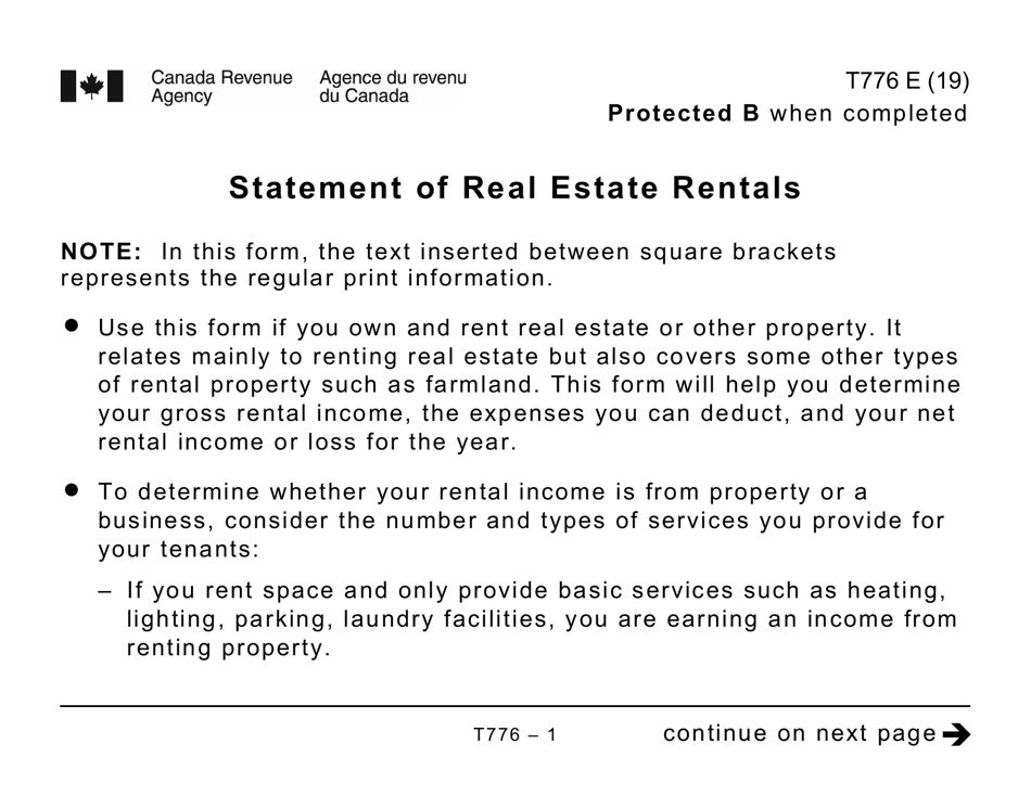 Form T776 Statement of Real Estate Rentals - Large Print - Canada, Page 1