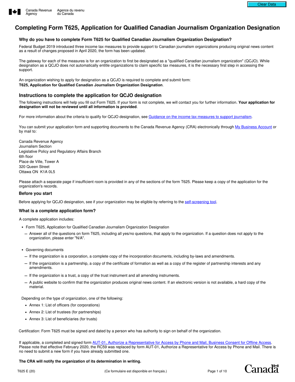 Form T625 Application for Qualified Canadian Journalism Organization Designation - Canada, Page 1