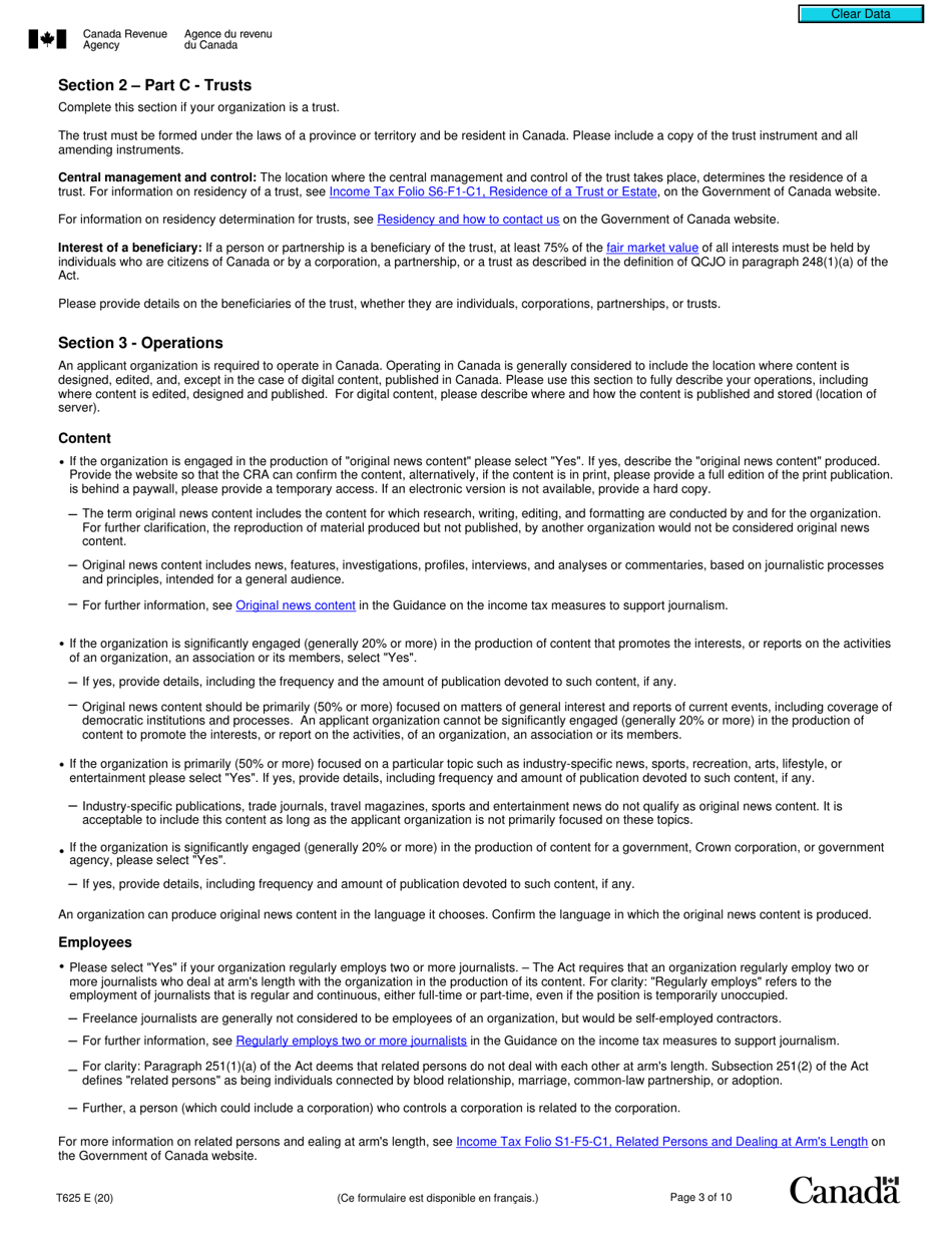 Form T625 Application for Qualified Canadian Journalism Organization Designation - Canada, Page 3