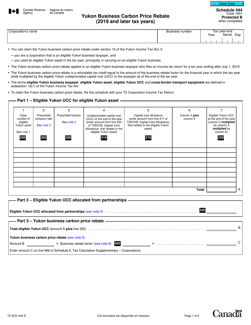 Form T2 Schedule 444 Yukon Business Carbon Price Rebate (2019 and Later Tax Years) - Canada, Page 1
