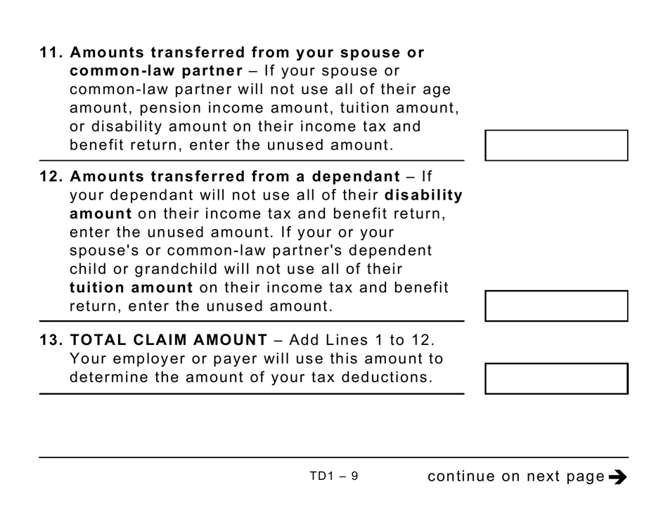 Form TD1 Personal Tax Credits Return (Large Print) - Canada, Page 9