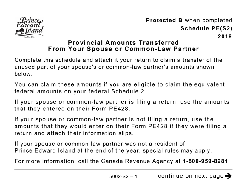 Form 5002-S2 Schedule PE(S2) Provincial Amounts Transferred From Your Spouse or Common-Law Partner - Prince Edward Island (Large Print) - Canada, 2019