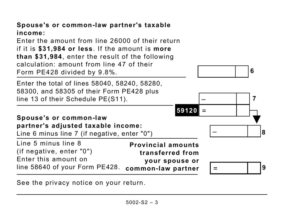 Form 5002-S2 Schedule PE(S2) Provincial Amounts Transferred From Your Spouse or Common-Law Partner - Prince Edward Island (Large Print) - Canada, Page 3