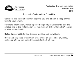 Document preview: Form 5010-TC (BC479) British Columbia Credits - Large Print - Canada, 2019