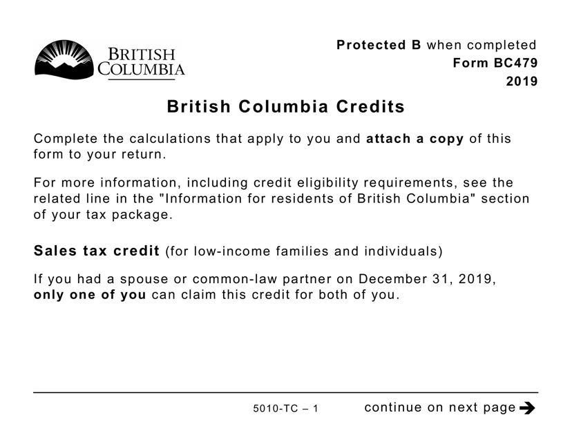 Form 5010-TC (BC479) British Columbia Credits - Large Print - Canada, 2019