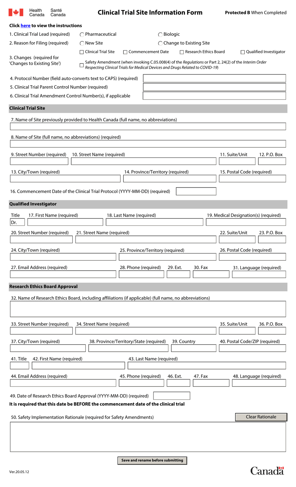 Clinical Trial Site Information Form - Canada, Page 1