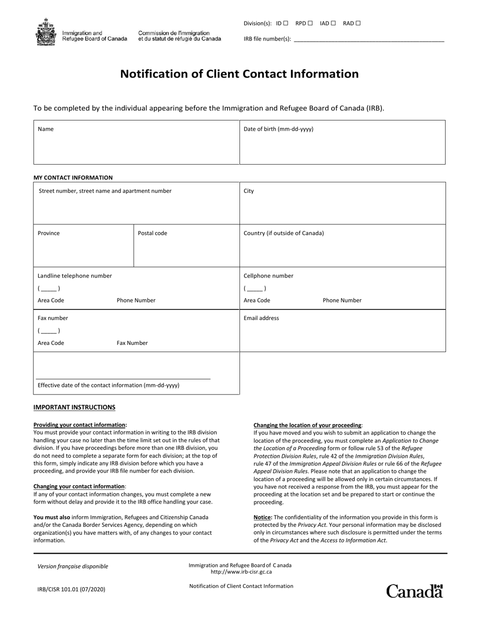 Form IRB / CISR101.01 Notification of Client Contact Information - Canada, Page 1