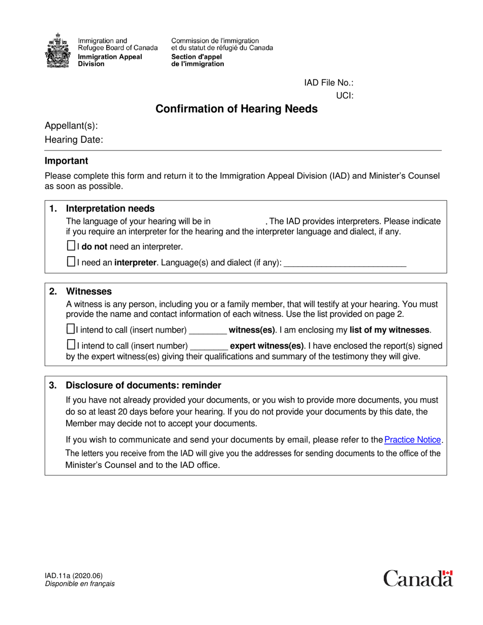 Form IAD.11A Confirmation of Hearing Needs - Canada, Page 1