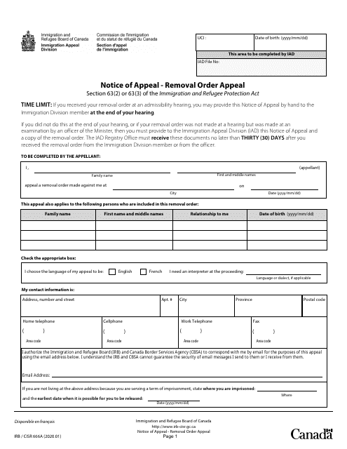 Form IRB/CISR666A Notice of Appeal - Removal Order Appeal - Montreal - Canada
