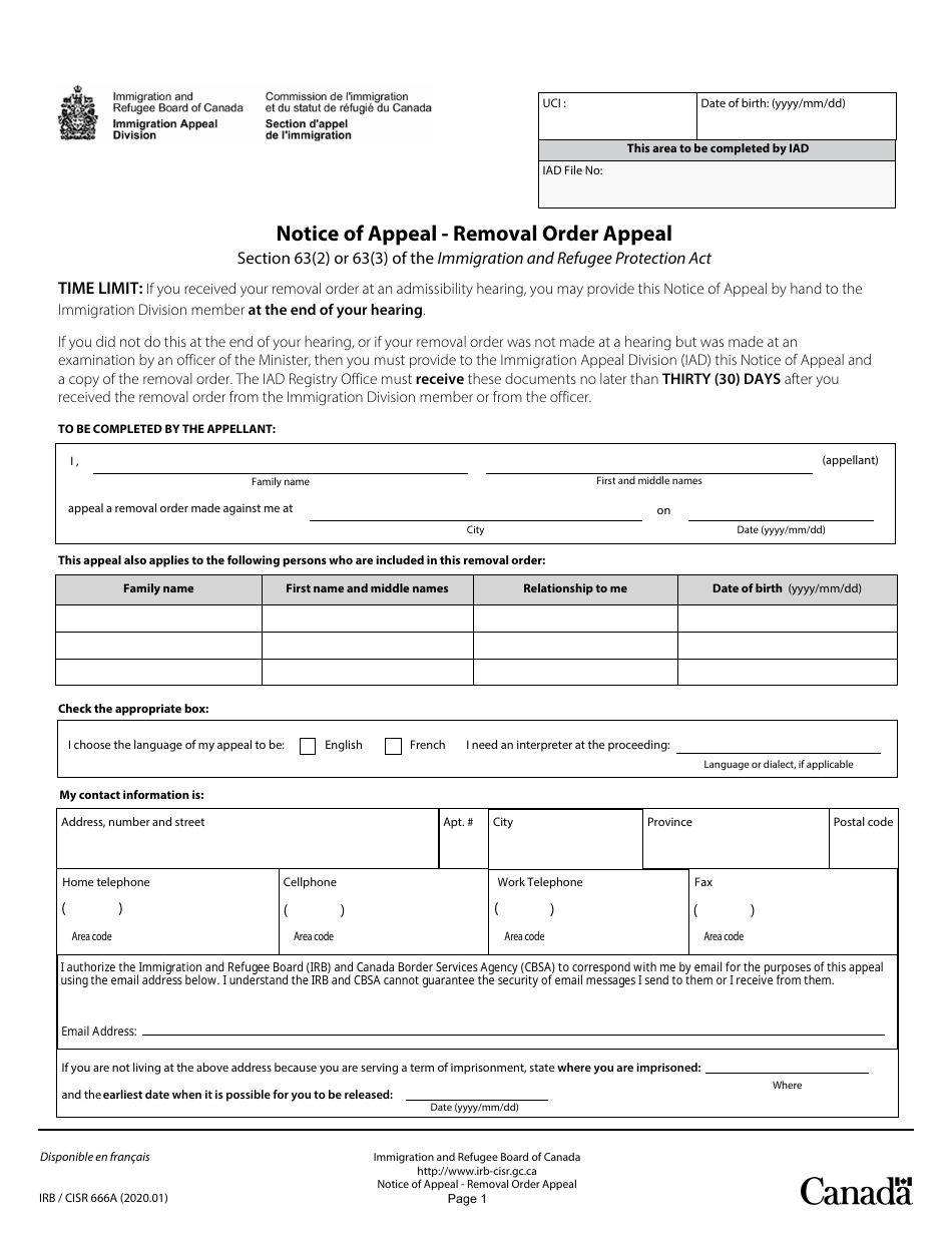 Form IRB / CISR666A Notice of Appeal - Removal Order Appeal - Montreal - Canada, Page 1