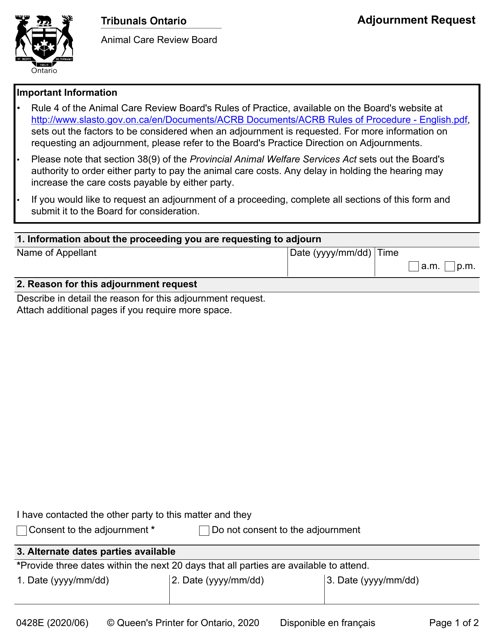 Form 0428E Adjournment Request - Ontario, Canada