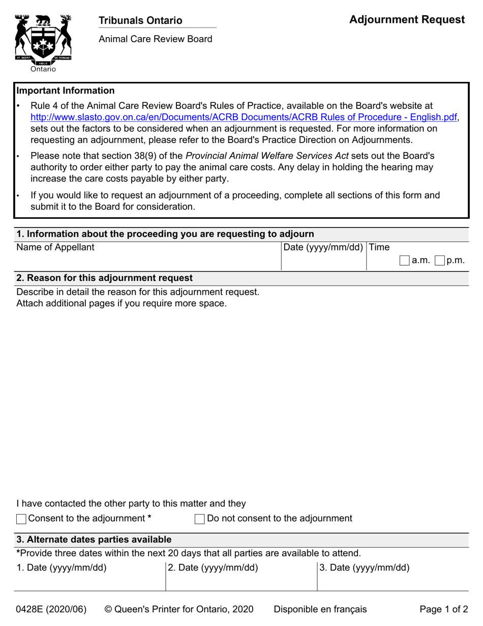 Form 0428E Adjournment Request - Ontario, Canada, Page 1